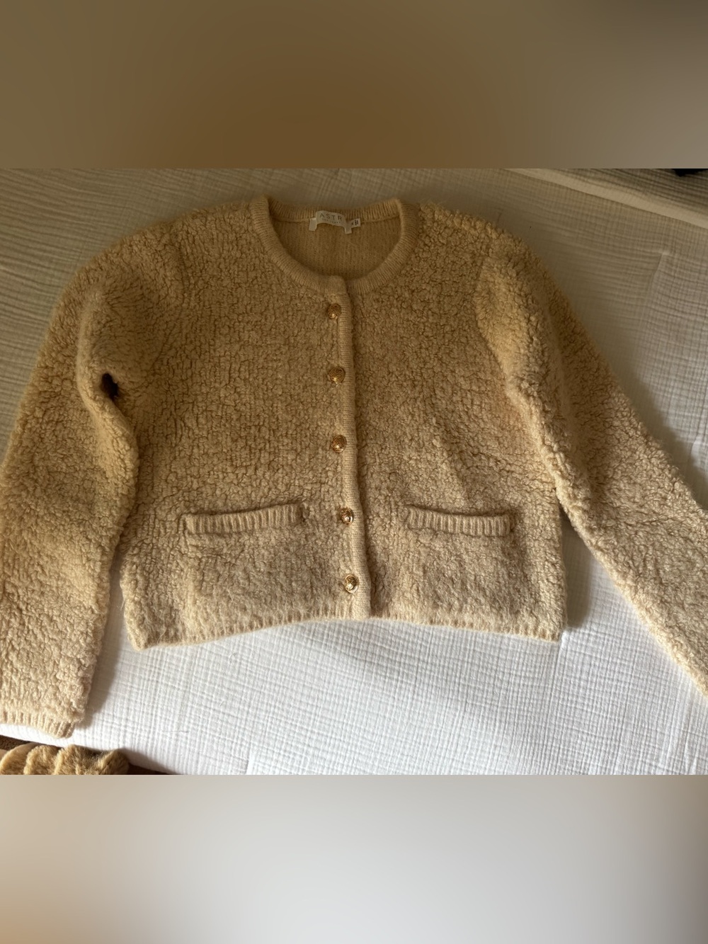 Astr Cream Bouclé Button Cardigan with Gold Buttons